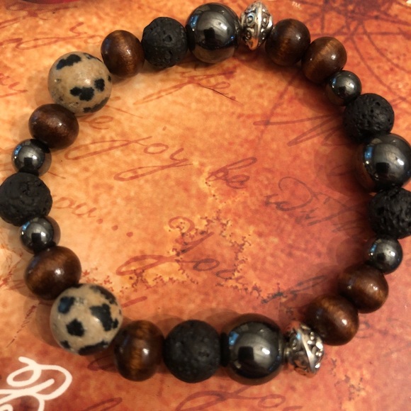 Wood, Lava Bead, Hematite Gemstone Bracelet - Picture 2 of 4